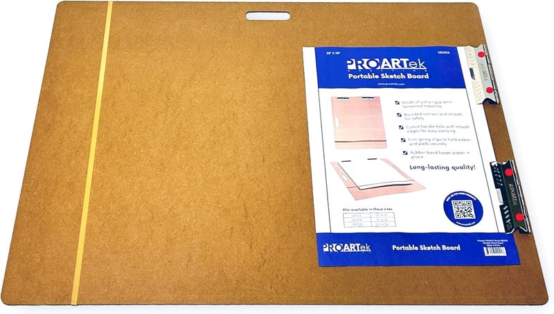 Proartek PK00023 Model SB2838 SB Series 28" x 38" Artist Sketch Board, Brown; 4mm Tempered Masonite; Cutout Handle; Steadfast Spring Clips; for Students and Professional Artists - Image 1